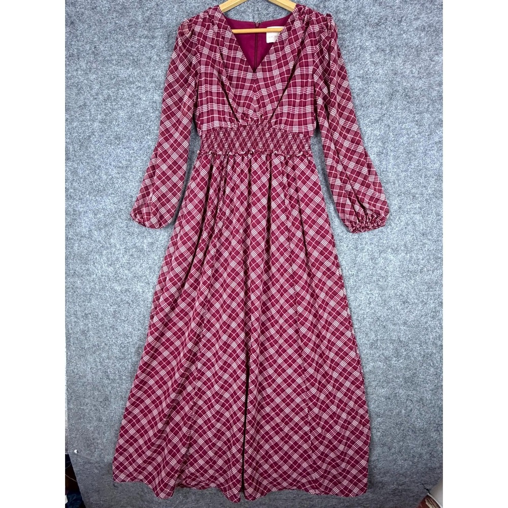 Gal Meets Glam Fit & Flare Dress Women 4 Red White Plaid Smocked Peasant Cottage